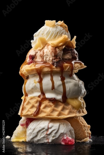 Assorted ice cream. Colorful stack of ice cream of different flavors lined with peppers and waffles on a black background.  photo