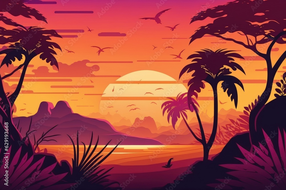 Tropical landscape at dawn in cartoon style. Jungle travel. Generative AI