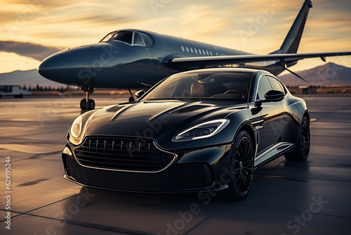 Fotografia Luxury car and private jet on landing strip