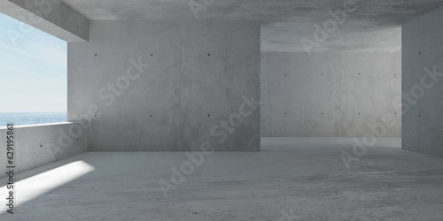 Abstract empty, modern concrete room with balcony opening on the left wall with ocean view, opening on the right and rough floor - industrial interior background template