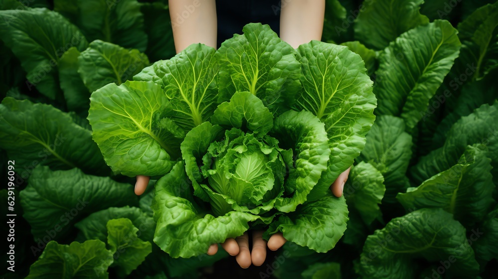 green lettuce in hands on green lettuce in hands on