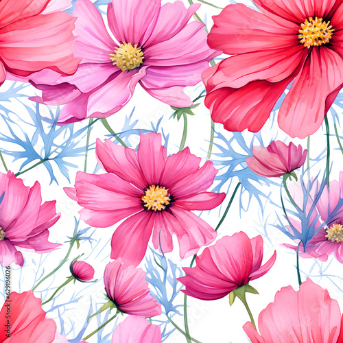 Wallpaper Mural Seamless pattern of beautiful Cosmos flowers. Watercolor illustration nature background, Generative AI Torontodigital.ca