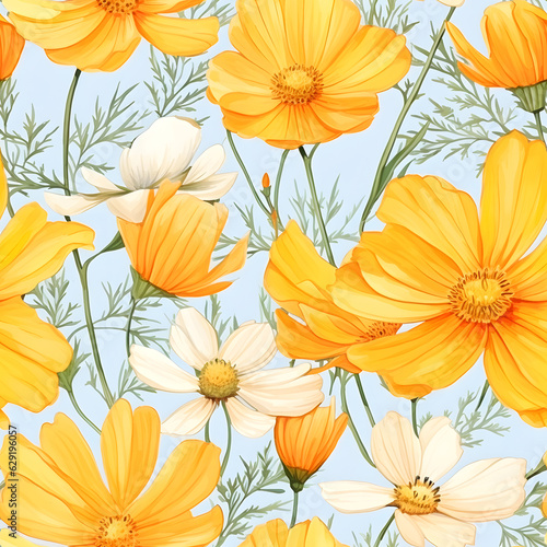 Seamless pattern of beautiful Cosmos flowers. Watercolor illustration nature background, Generative AI © npstockphoto