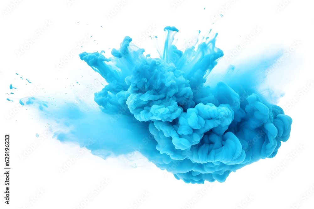 Image of a blue powder explosion on white created with Generative AI technology Image of a blue powder explosion on white created with Generative AI technology
