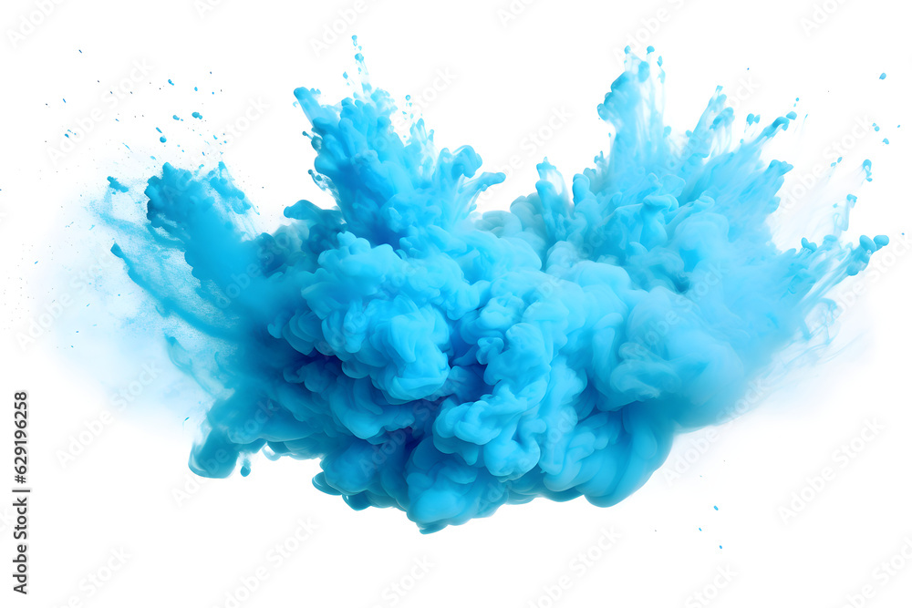 Image of a blue powder explosion on white created with Generative AI technology Image of a blue powder explosion on white created with Generative AI technology