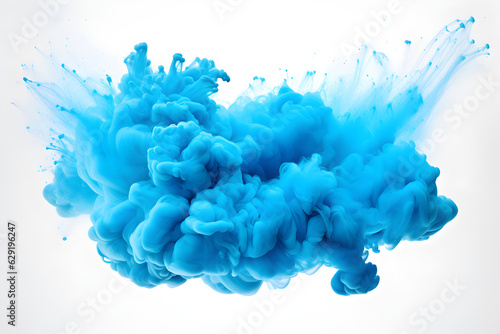 Image of a blue powder explosion on white created with Generative AI technology