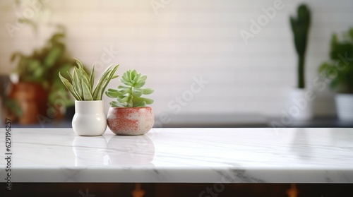 Close-up of white marble meat table with blurred kitchen backdrop. For display  product  pedestal  nature  scene  background  interior  blank  light  home  summer  garden  bokeh  tree