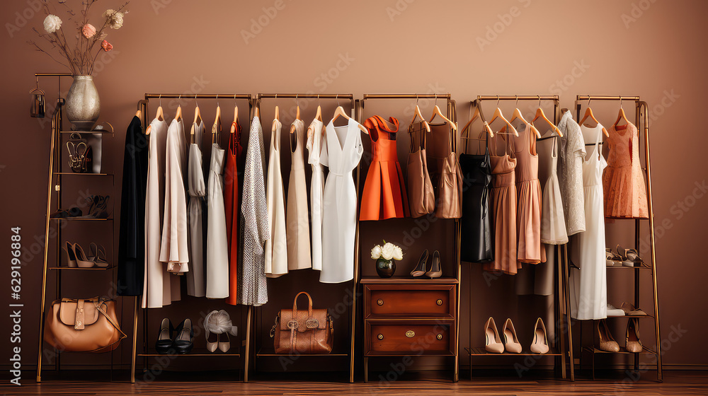 Fashionable women's closet wallpaper. Summer closet, dresses and shirts on hangers. Creative concept of women's clothing showroom, designer dresses store.