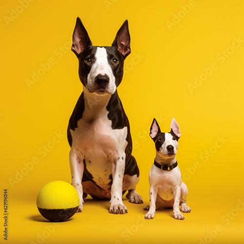 Tablou canvas bull terriers with ball on a yellow background.