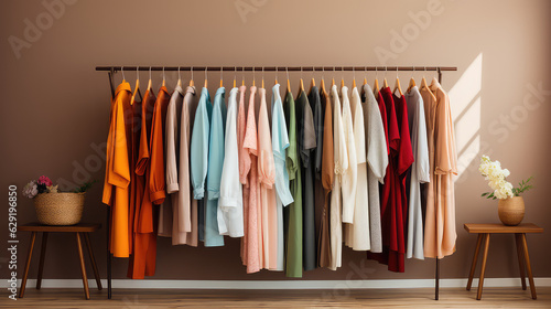 Fashionable women's closet wallpaper. Summer closet, dresses and shirts on hangers. Creative concept of women's clothing showroom, designer dresses store.