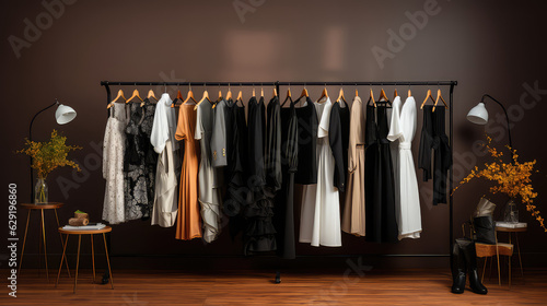 Fashionable women's closet wallpaper. Summer closet, dresses and shirts on hangers. Creative concept of women's clothing showroom, designer dresses store.