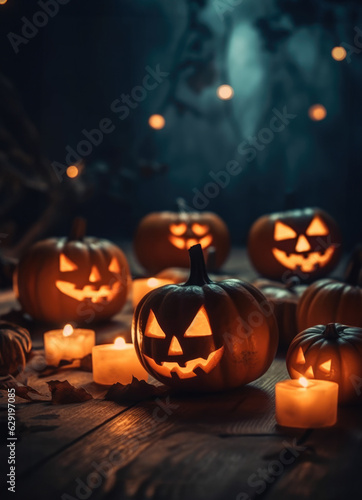 Halloween scary pumpkin, candles and dry leaves. halloween background. 