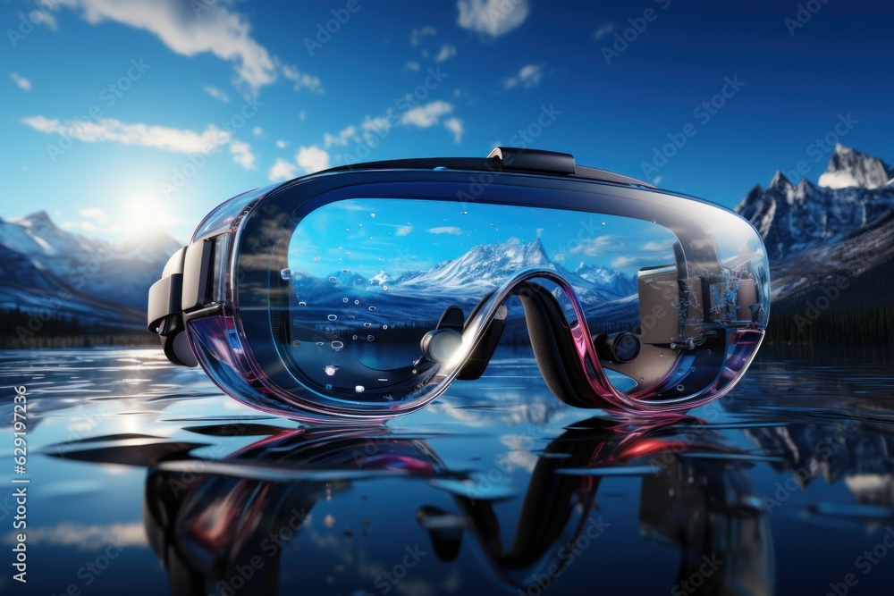 Obraz premium Virtual reality glasses on water with mountain natural view with surreal concept, generative Ai