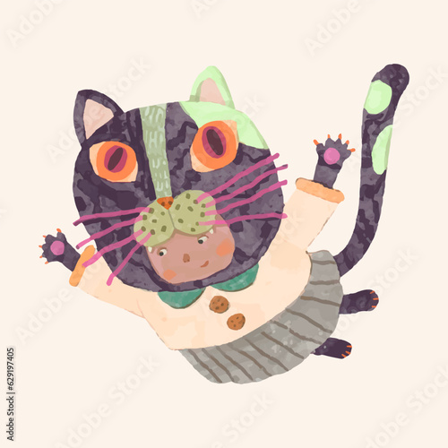 A cat girl flying . kid cartoon. child watercolor vector illustration. animal art.