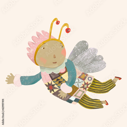 A boy flying with a wing. kid cartoon. child watercolor vector illustration.