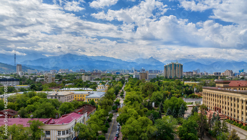 View from a quadrocopter on the historical part of the Kazakh city of Almaty on a summer day