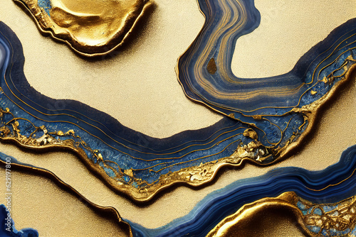 Blue and golden acrylic liquid ink swirl abstract background with ravishing turbulence wavy pattern and detailed texture. Luxury fluid liquid art by Generative AI.