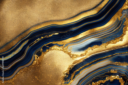 Blue and golden acrylic liquid ink swirl abstract background with ravishing turbulence wavy pattern and detailed texture. Luxury fluid liquid art by Generative AI.