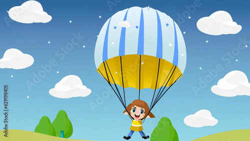 A very cute baby girl flying in the blue sky with a colorful parachute with space to write your text