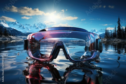 Virtual reality glasses on water with mountain natural view with surreal concept  generative Ai