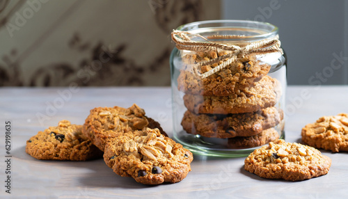 Fotografie Flourless gluten free peanut butter, oatmeal and chocolate chips cookies in glas