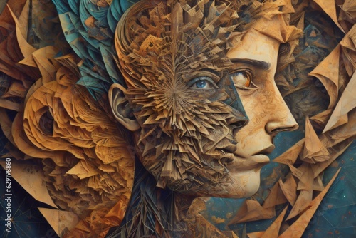 amalgamation of a human face and fractal elements, suitable for themes associated with the mind, rational thought, mental powers, and mystic consciousness. Created with generative AI tools