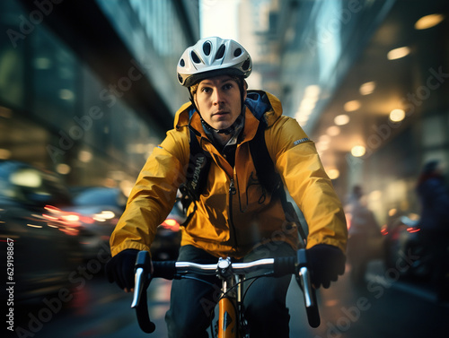 This compelling close-up shot captures the expressions of urban cyclists as they navigate through the bustling city streets.