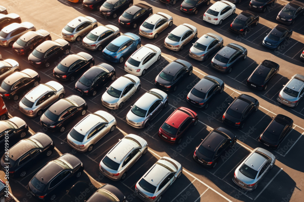 Fototapeta premium Aerial view of cars in parking places. AI generated