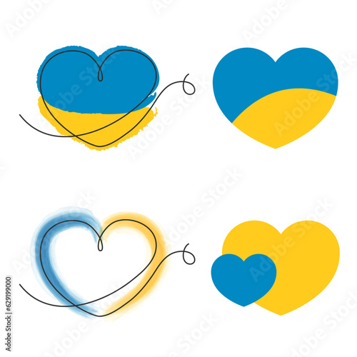Set of Ukraine flag icon in the shape of heart. Abstract patriotic ukrainian flag with love symbol. Blue and yellow conceptual idea - with Ukraine in his heart.