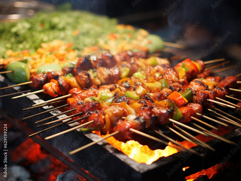 delectable details of street food, such as sizzling skewers, steaming dumplings, or colorful tropical fruits.