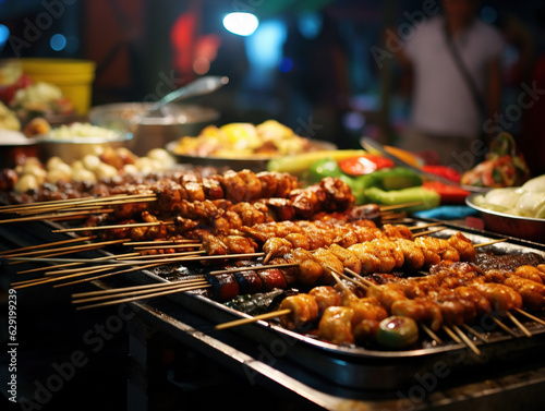 delectable details of street food  such as sizzling skewers  steaming dumplings  or colorful tropical fruits.