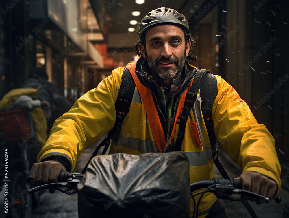A close-up shot captures the expressive faces and gestures of couriers or delivery riders as they navigate the city streets on their bicycles or motorbikes. A close-up shot captures the expressive faces and gestures of couriers or delivery riders as they navigate the city streets on their bicycles or motorbikes.