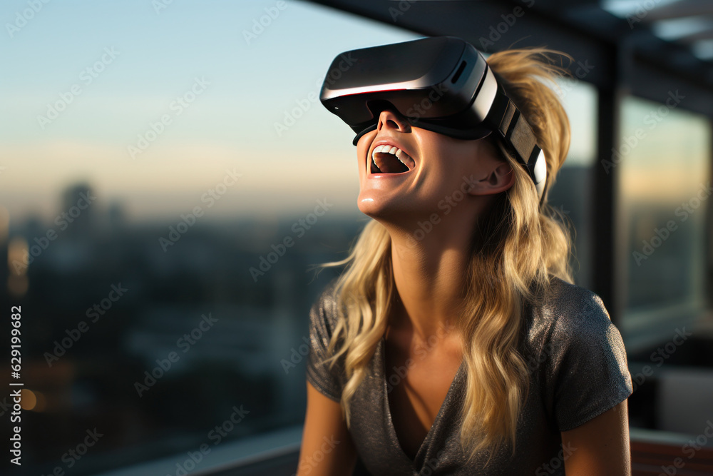 Woman with VR headset and digital technology.