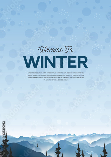 Winter Illustration. Flat winter landscape. Snowy backgrounds. Snowdrifts. Snowfall. Clear blue sky. Blizzard. Snowy weather. Design elements for poster, book cover, brochure, Vector illustration