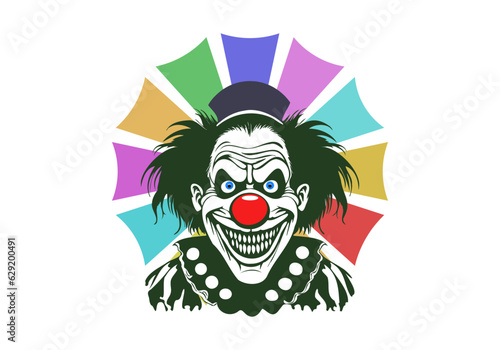 Vector graphic green scary smiling toothy sinister clown with red nose and hat. Circus freak. Sticker or icon. White isolated background.