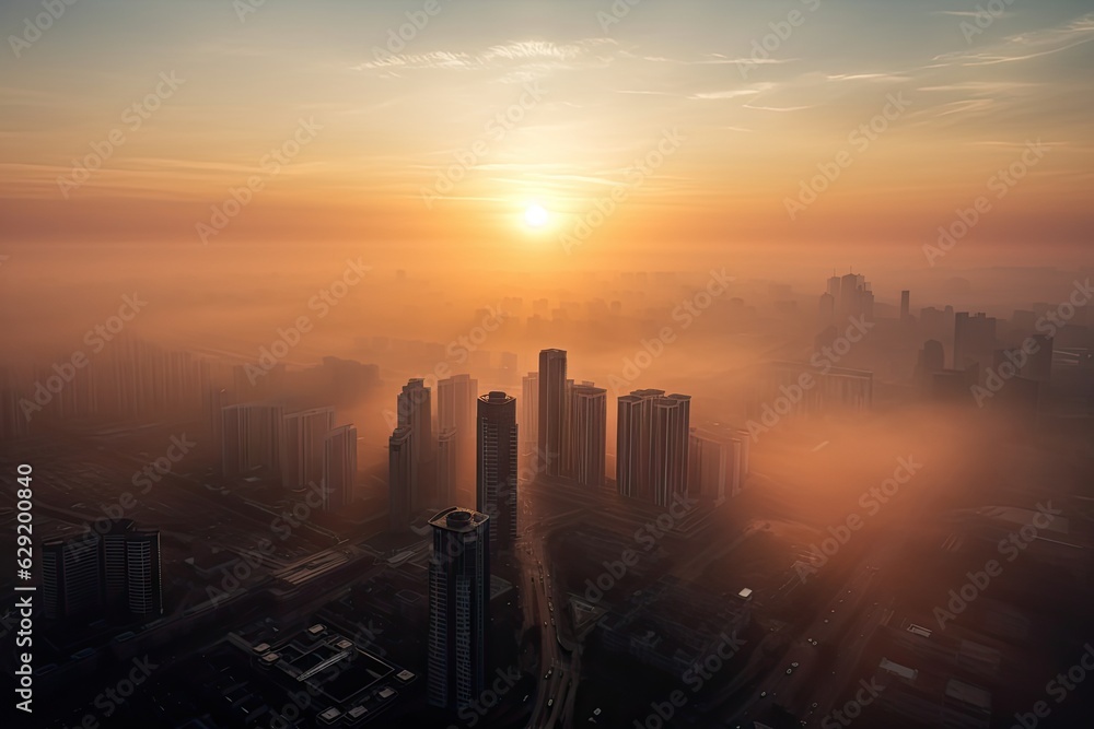 Abstract Blurred city Sunrise Sky Background with Dust, PM 2.5 and air pollution Abstract Blurred city Sunrise Sky Background with Dust, PM 2.5 and air pollution