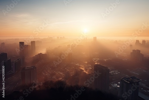 Abstract Blurred city Sunrise Sky Background with Dust, PM 2.5 and air pollution
