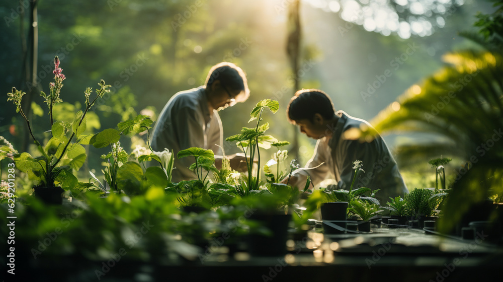 A serene image of scientists conducting research in harmony with nature, promoting sustainable development A serene image of scientists conducting research in harmony with nature, promoting sustainable development