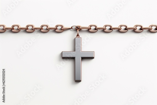 Silver cross with a chain on white background. AI generated © Valery