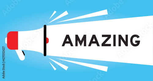 Color megaphone icon with word amazing in white banner on blue background