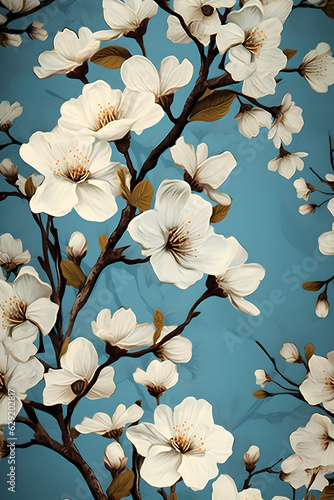 Beautiful blossoming tree branches on blue background. Vintage style.