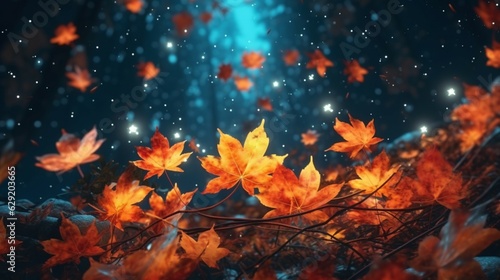Image of stars falling at christmas over leaves.Generative AI.