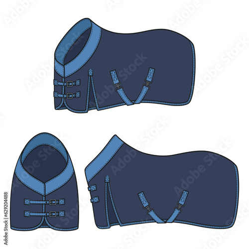 Set of color illustration with blue horse blanket, horsecloth. Isolated vector objects on white background. photo