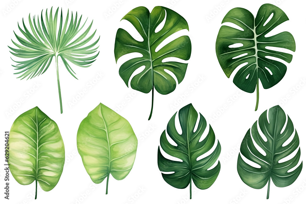 Set of tropical vector leaves. Variety. Ornamental plants. White background ,Generative AI Set of tropical vector leaves. Variety. Ornamental plants. White background ,Generative AI