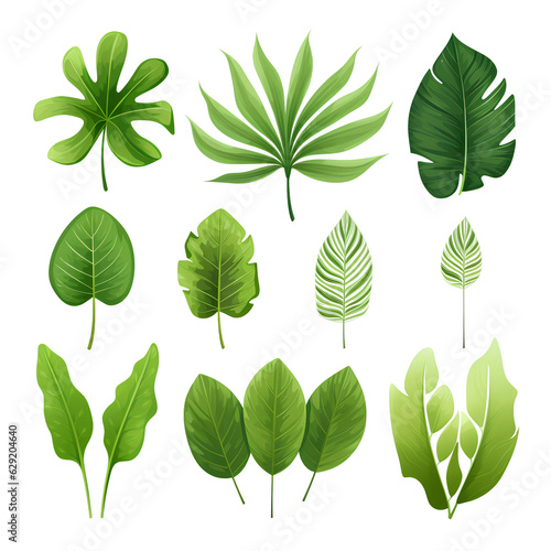 Set of tropical vector leaves. Variety. Ornamental plants. White background ,Generative AI