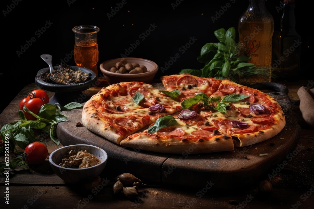 Italian pizza with ham or salami, tomatoes, olives and mushrooms. Italian pizza with ham or salami, tomatoes, olives and mushrooms.