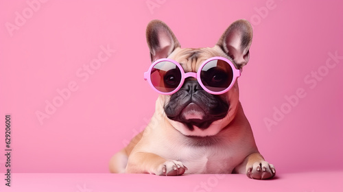 Cute and funny French Bulldog in trendy sunglass on isolated background.animal summer holiday concept.Created with Generative AI technology © praewpailyn