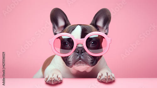 Cute and funny French Bulldog in trendy sunglass on isolated background.animal summer holiday concept.Created with Generative AI technology