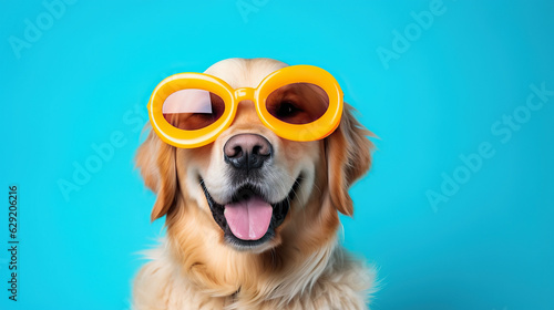 Cute and funny Golden Retriever in trendy sunglass on isolated background.animal summer holiday concept.Created with Generative AI technology © praewpailyn