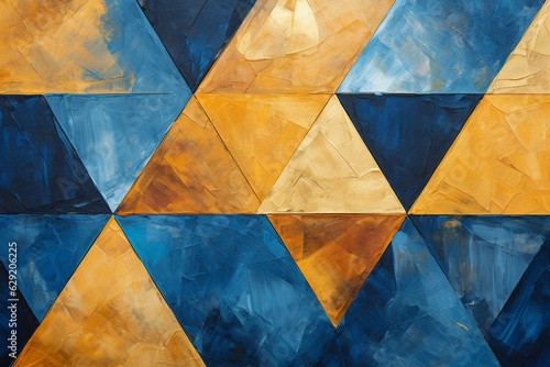 抽象油絵バナー・直線的なカラフル背景）紺とオレンジと茶色の三角形。AI生成画像